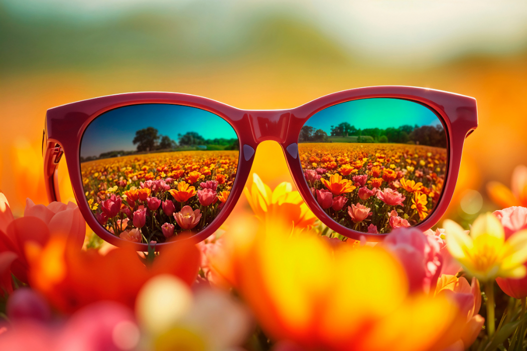 Occhiali da sole rossi su un prato di fiori primaverili che riflettono un paesaggio soleggiato, simbolo della protezione visiva dallo stress luminoso.