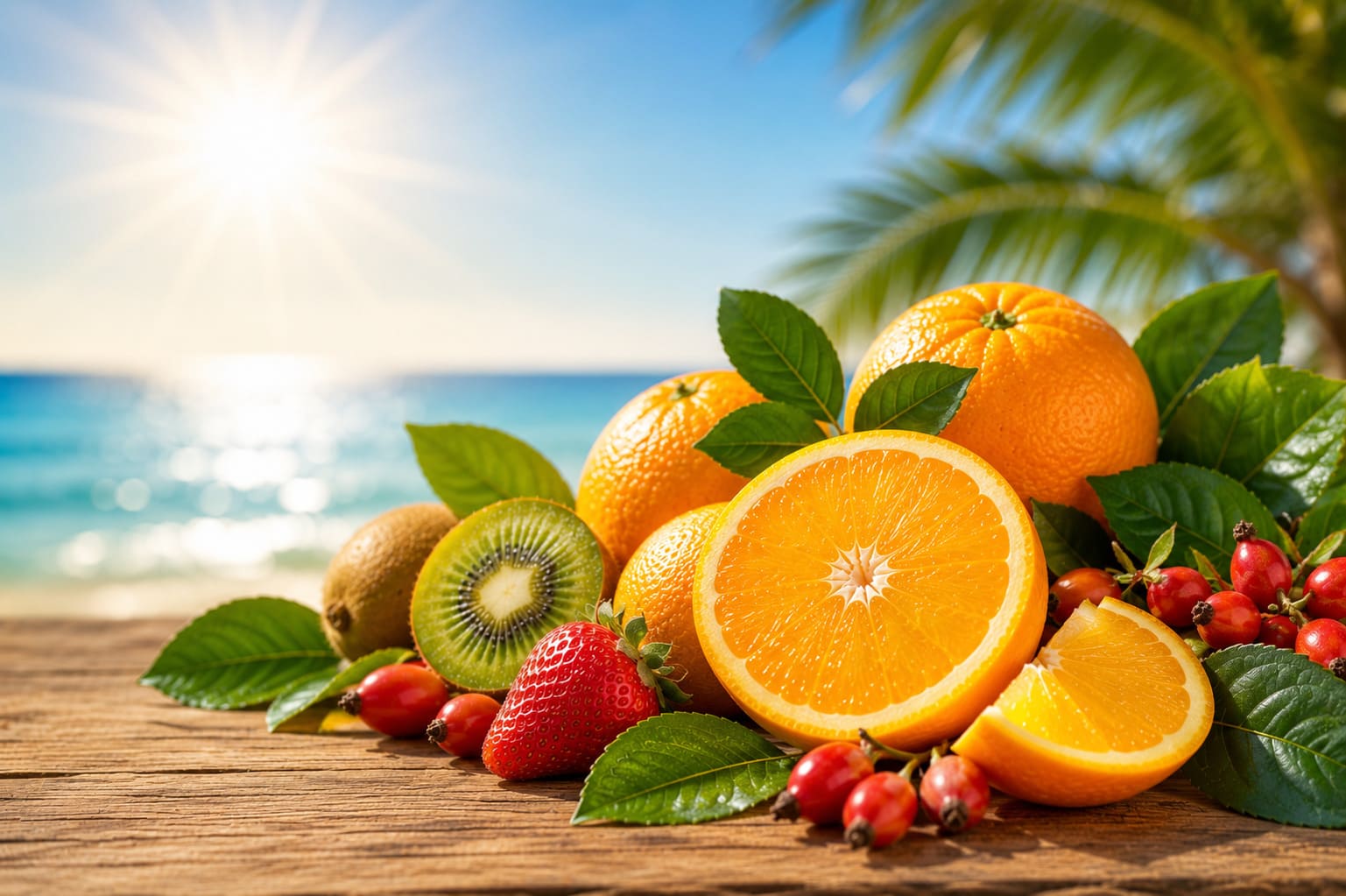 Vitamina C naturale e frutta ricca di vitamina C sotto il sole estivo