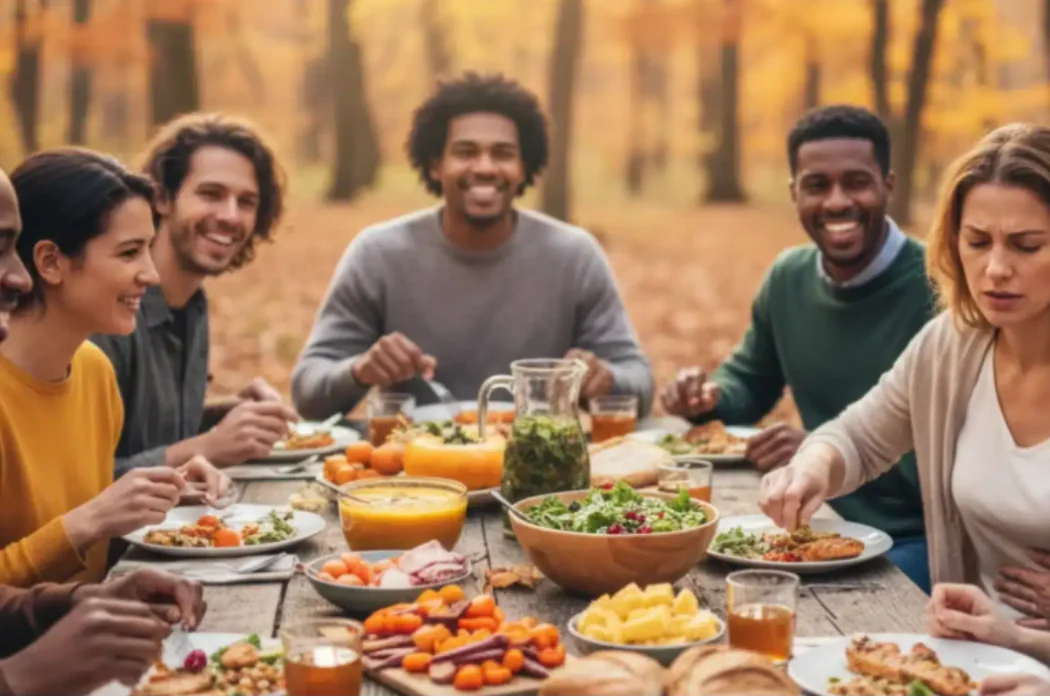 Una persona che sorseggia una bevanda calda durante un pranzo autunnale con le confezioni di Comus e Apicius Post Plus affiancate.